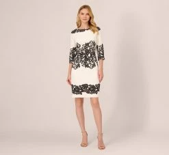 Adrianna Papell Scroll Lace Midi Dress With Three Quarter Sleeves In Ivory Black -Adrianna Papell Shop AP1D105223 AA173 Regular Front