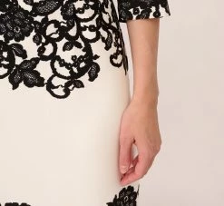 Adrianna Papell Scroll Lace Midi Dress With Three Quarter Sleeves In Ivory Black -Adrianna Papell Shop AP1D105223 AA173 Regular Lifestyle