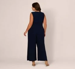 Adrianna Papell Plus Size Jersey Sleeveless Pintuck Jumpsuit With Wide Legs In Midnight -Adrianna Papell Shop AP1D105225 AB411 Plus Back