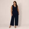 Adrianna Papell Plus Size Jersey Sleeveless Pintuck Jumpsuit With Wide Legs In Midnight