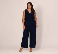 Adrianna Papell Plus Size Jersey Sleeveless Pintuck Jumpsuit With Wide Legs In Midnight
