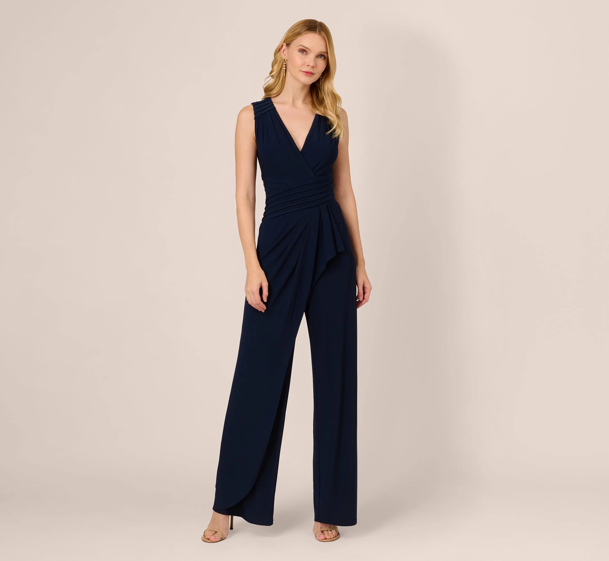 Adrianna Papell Jersey Sleeveless Pintuck Jumpsuit With Wide Legs In Midnight 1 Adrianna Papell Jersey Sleeveless Pintuck Jumpsuit With Wide Legs In Midnight