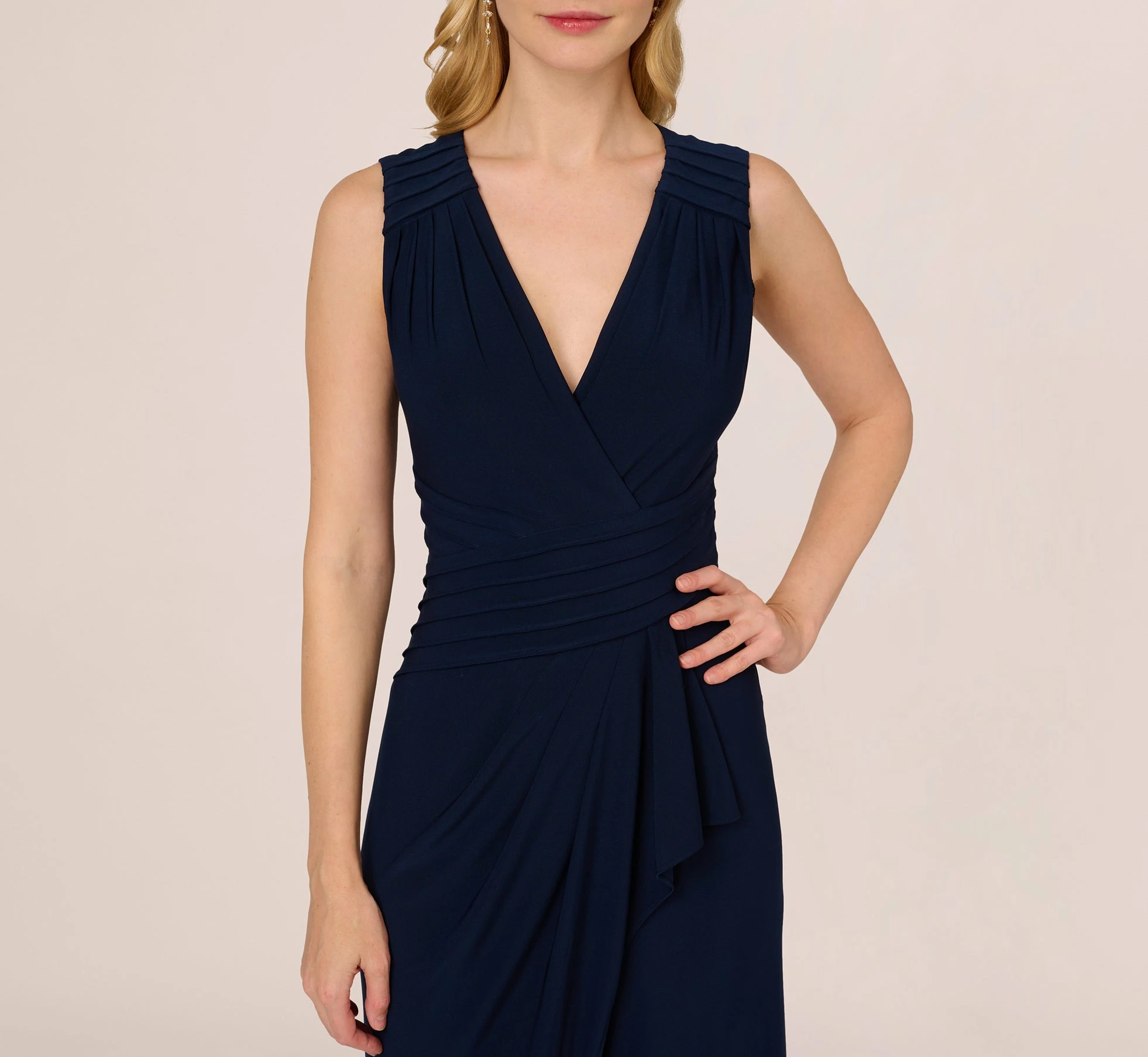 Adrianna Papell Jersey Sleeveless Pintuck Jumpsuit With Wide Legs In Midnight 3 Adrianna Papell Jersey Sleeveless Pintuck Jumpsuit With Wide Legs In Midnight - Image 3