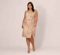 Adrianna Papell Plus Size Sleeveless Floral Matelasse Sheath Dress With Pleated Details In Rose Multi