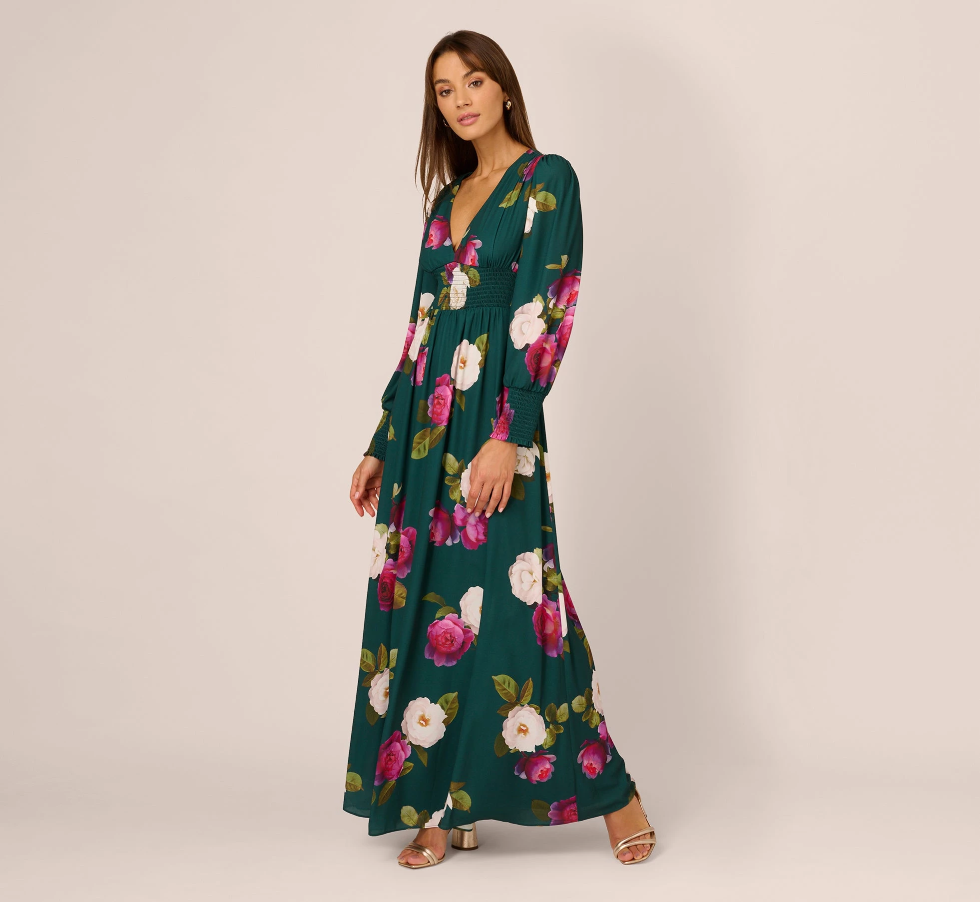 Adrianna Papell Floral Smock Maxi Dress With Long Sleeves In Green Multi 1 Adrianna Papell Floral Smock Maxi Dress With Long Sleeves In Green Multi
