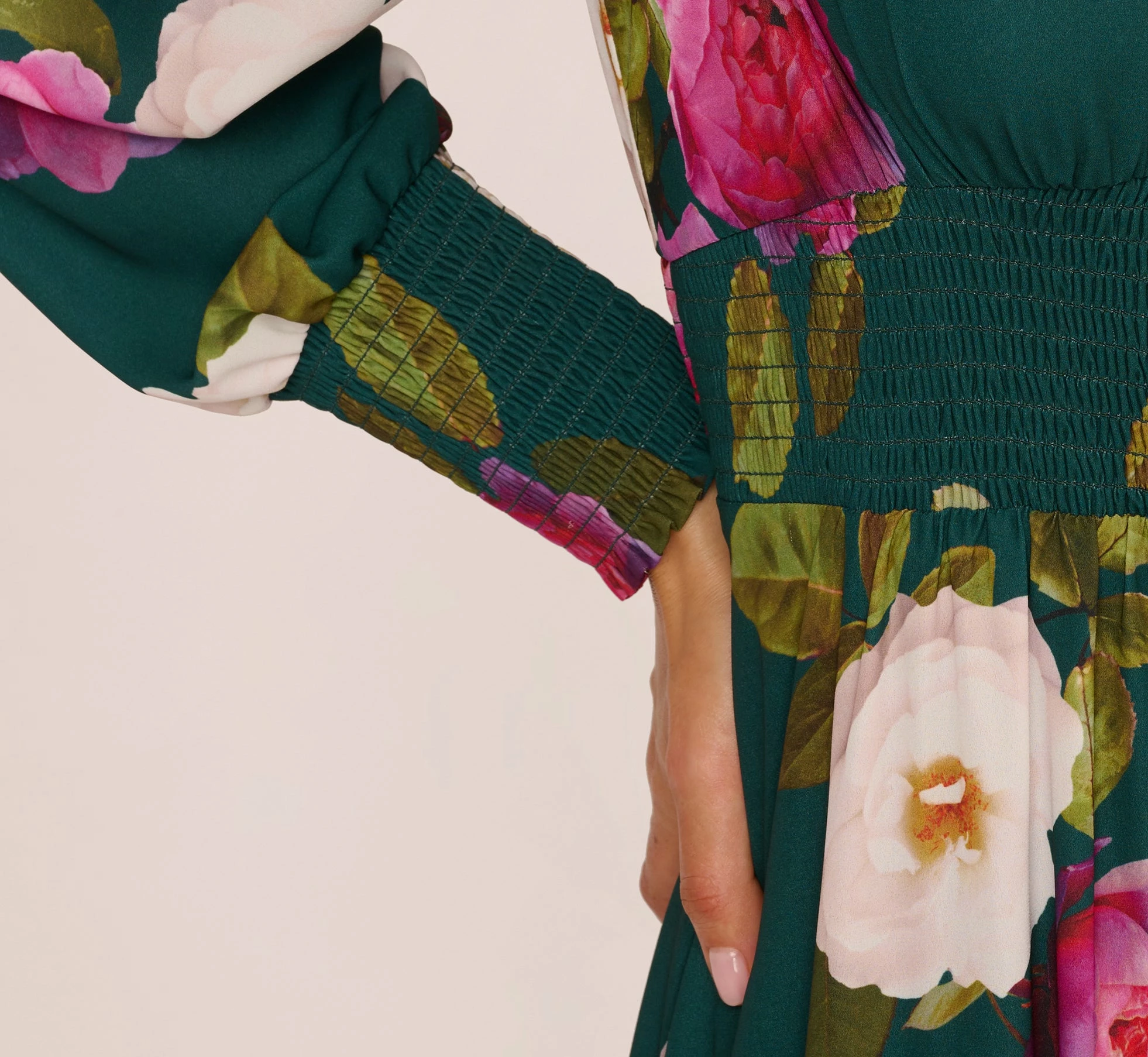 Adrianna Papell Floral Smock Maxi Dress With Long Sleeves In Green Multi 4 Adrianna Papell Floral Smock Maxi Dress With Long Sleeves In Green Multi - Image 4