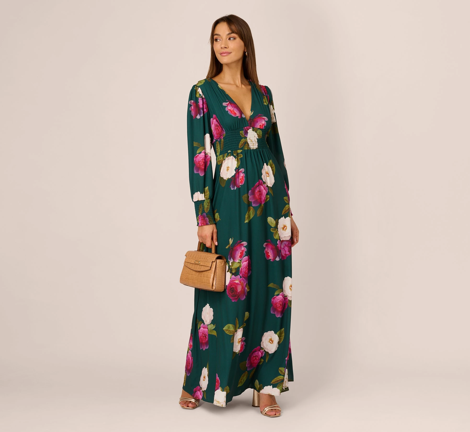 Adrianna Papell Floral Smock Maxi Dress With Long Sleeves In Green Multi 2 Adrianna Papell Floral Smock Maxi Dress With Long Sleeves In Green Multi - Image 2
