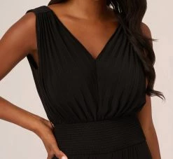 Adrianna Papell Sleeveless Smocked Jumpsuit With V-Neckline In Black -Adrianna Papell Shop AP1D105285 AA002 Regular Detail