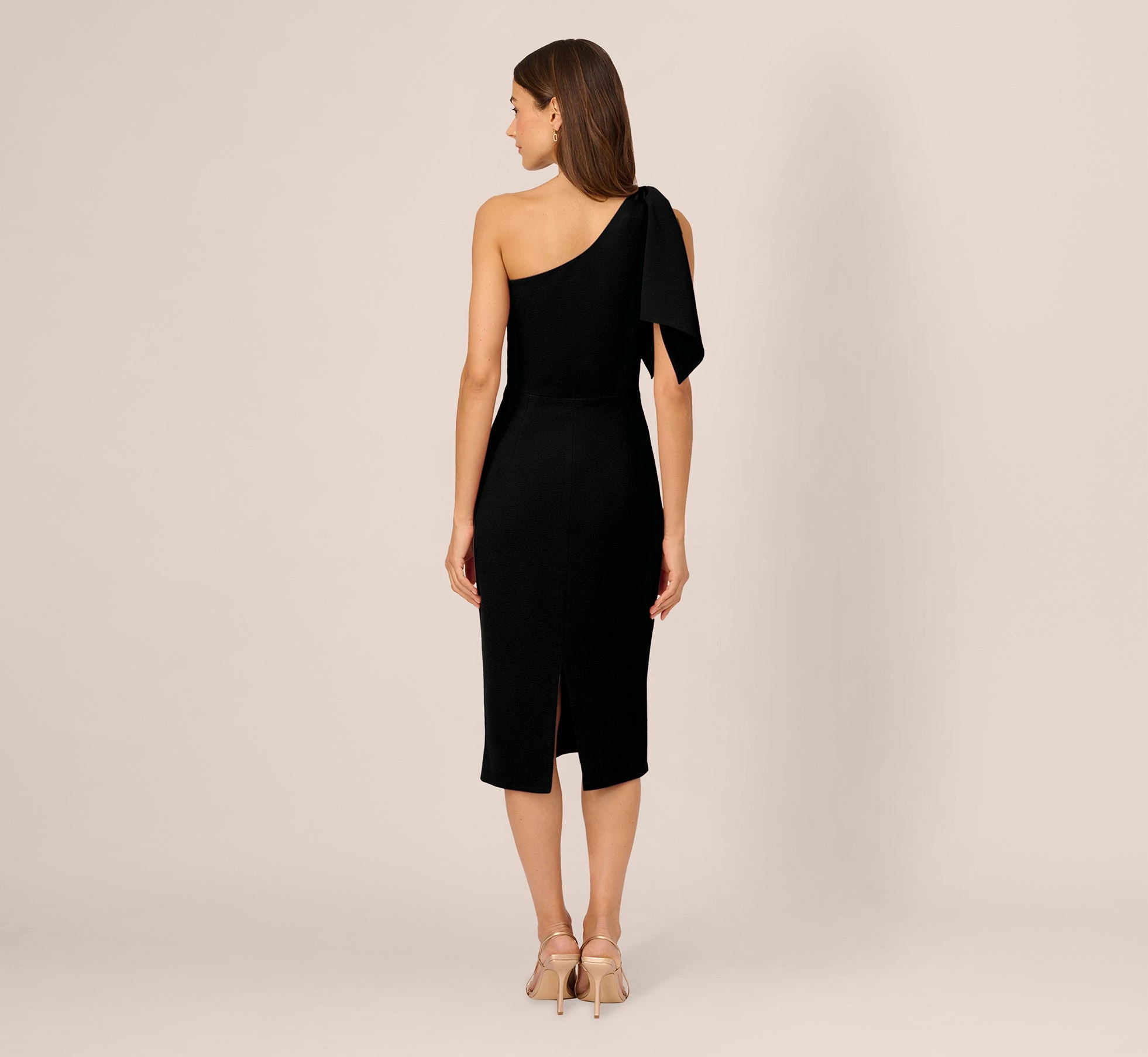 Adrianna Papell One Shoulder Midi Dress With Bow Accent In Black 4 Adrianna Papell One Shoulder Midi Dress With Bow Accent In Black - Image 4