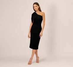 Adrianna Papell One Shoulder Midi Dress With Bow Accent In Black