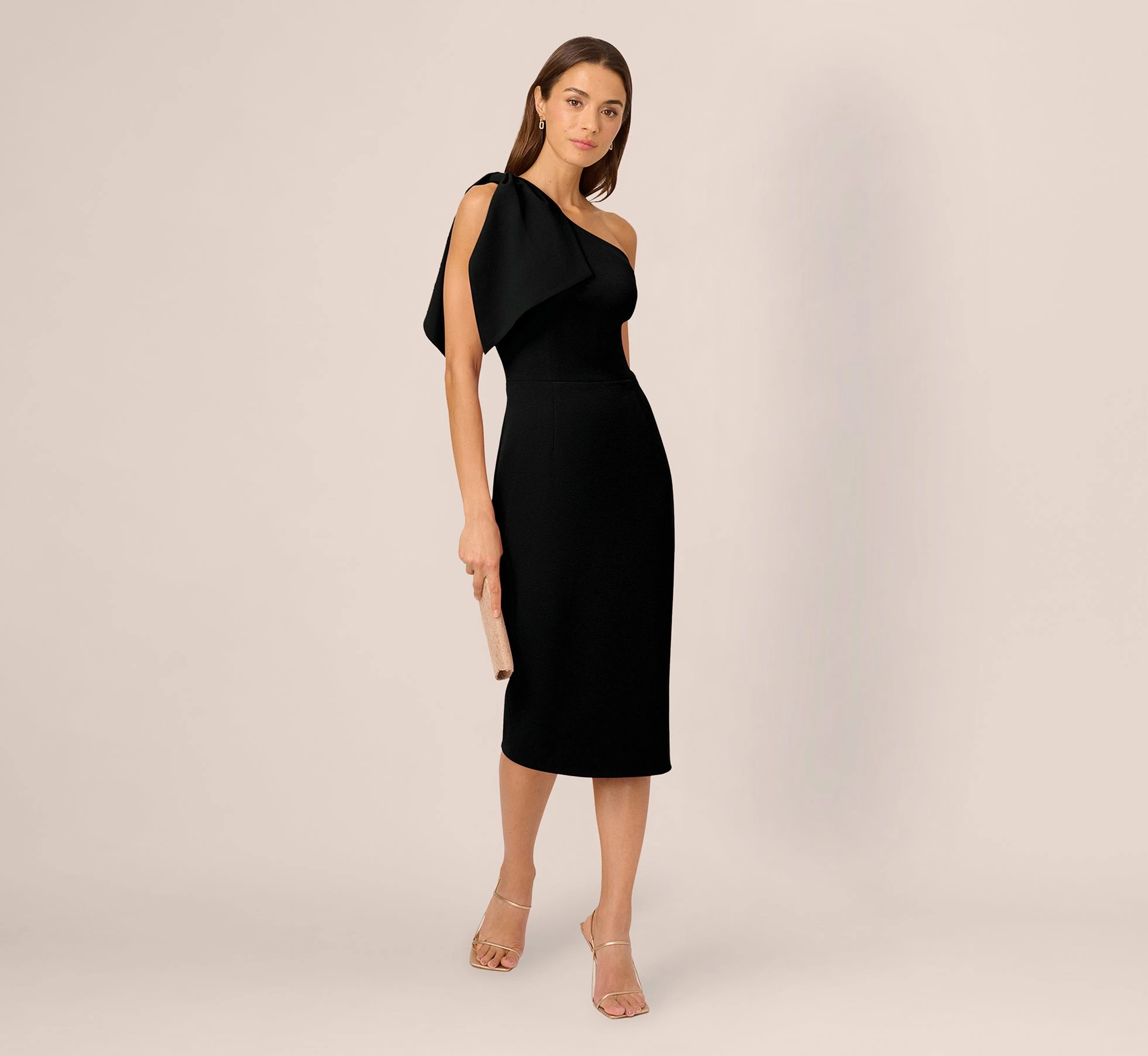Adrianna Papell One Shoulder Midi Dress With Bow Accent In Black 2 Adrianna Papell One Shoulder Midi Dress With Bow Accent In Black - Image 2