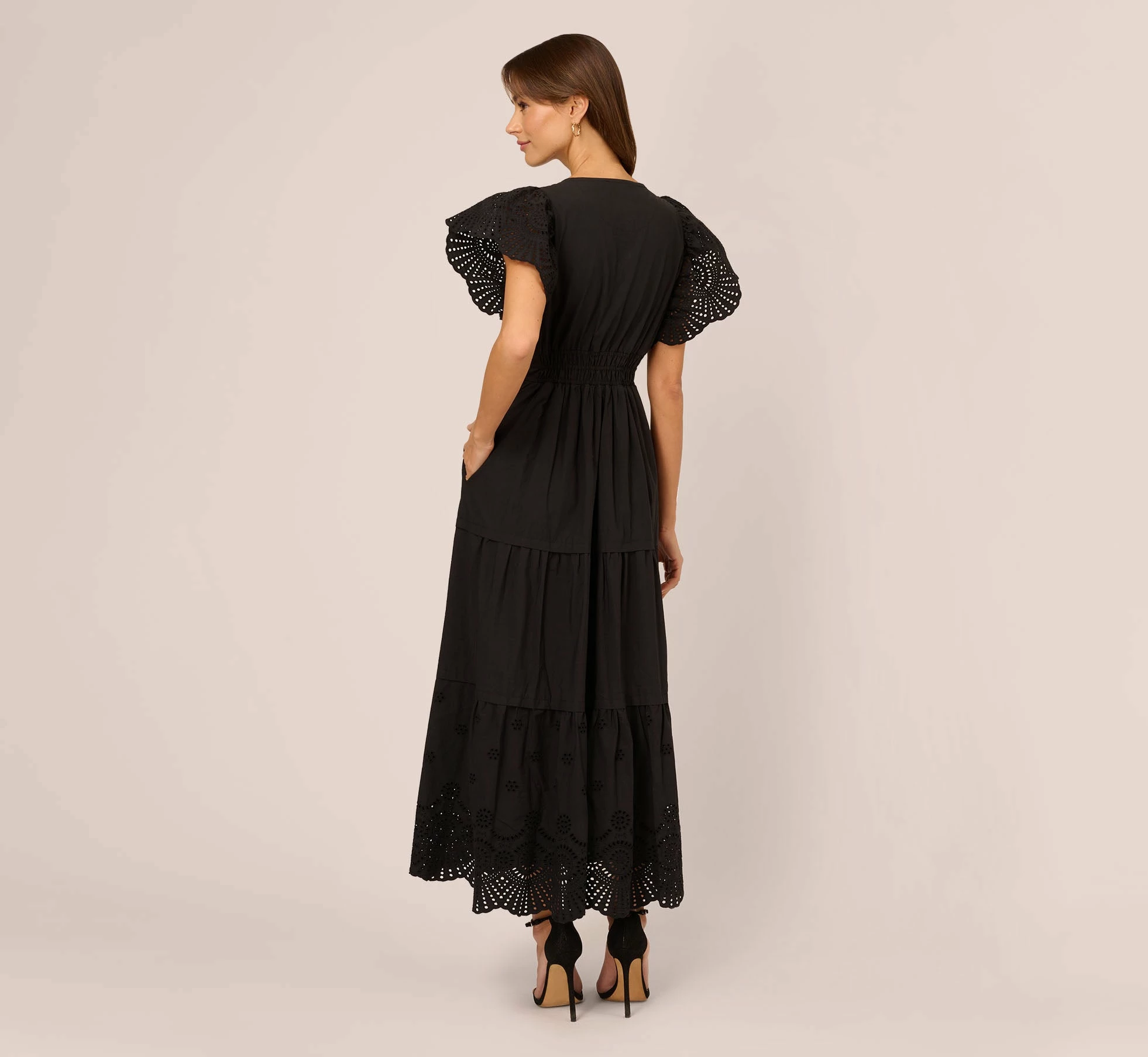 Adrianna Papell Eyelet Maxi Dress With Scalloped Short Sleeves In Black 4 Adrianna Papell Eyelet Maxi Dress With Scalloped Short Sleeves In Black - Image 4