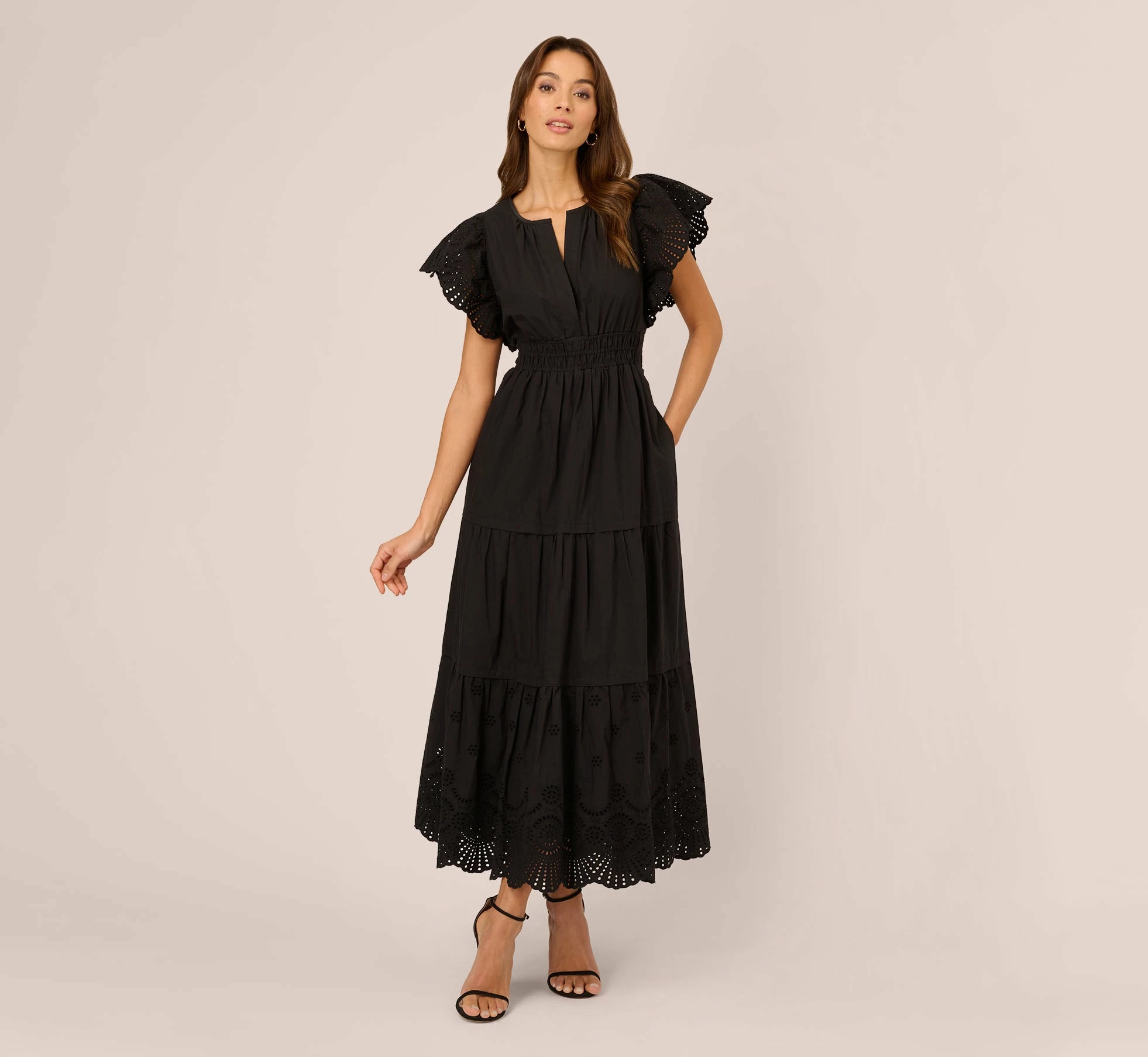 Adrianna Papell Eyelet Maxi Dress With Scalloped Short Sleeves In Black 2 Adrianna Papell Eyelet Maxi Dress With Scalloped Short Sleeves In Black - Image 2