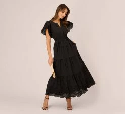 Adrianna Papell Eyelet Maxi Dress With Scalloped Short Sleeves In Black