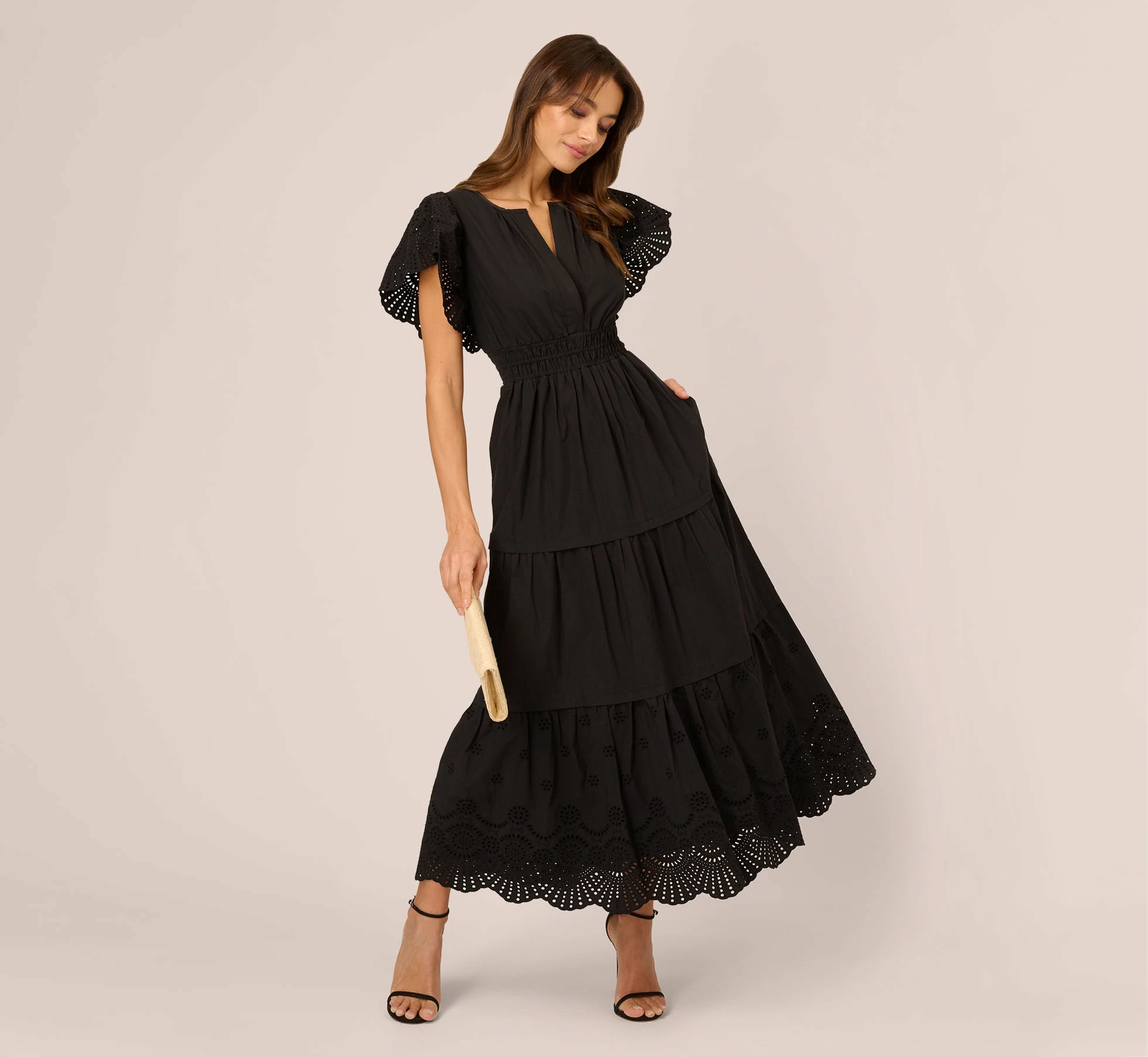 Adrianna Papell Eyelet Maxi Dress With Scalloped Short Sleeves In Black 1 Adrianna Papell Eyelet Maxi Dress With Scalloped Short Sleeves In Black