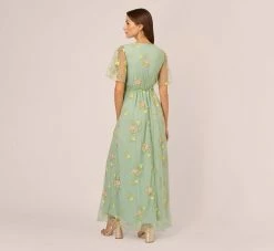 Adrianna Papell Floral Embroidered Maxi Dress With Sheer Flutter Sleeves In Sage Multi -Adrianna Papell Shop AP1D105325 AA359 Regular Back
