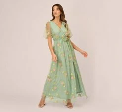 Adrianna Papell Floral Embroidered Maxi Dress With Sheer Flutter Sleeves In Sage Multi