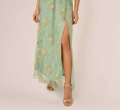 Adrianna Papell Floral Embroidered Maxi Dress With Sheer Flutter Sleeves In Sage Multi -Adrianna Papell Shop AP1D105325 AA359 Regular Lifestyle