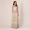 Adrianna Papell Short Sleeve Floral Embroidered Dress With Sheer Neckline In Thundercloud Gold