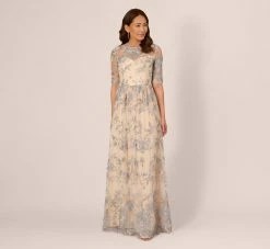 Adrianna Papell Short Sleeve Floral Embroidered Dress With Sheer Neckline In Thundercloud Gold