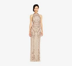 Adrianna Papell Mock Neck Beaded Column Dress With T-Back In Biscotti