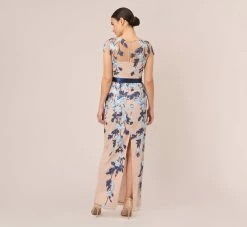 Adrianna Papell Short Sleeve Floral Embroidered Gown With Ribbon Tie Waist In Midnight Multi Nude 9 Adrianna Papell Short Sleeve Floral Embroidered Gown With Ribbon Tie Waist In Midnight Multi Nude -Adrianna Papell Shop AP1E201621 BV980 Regular Back