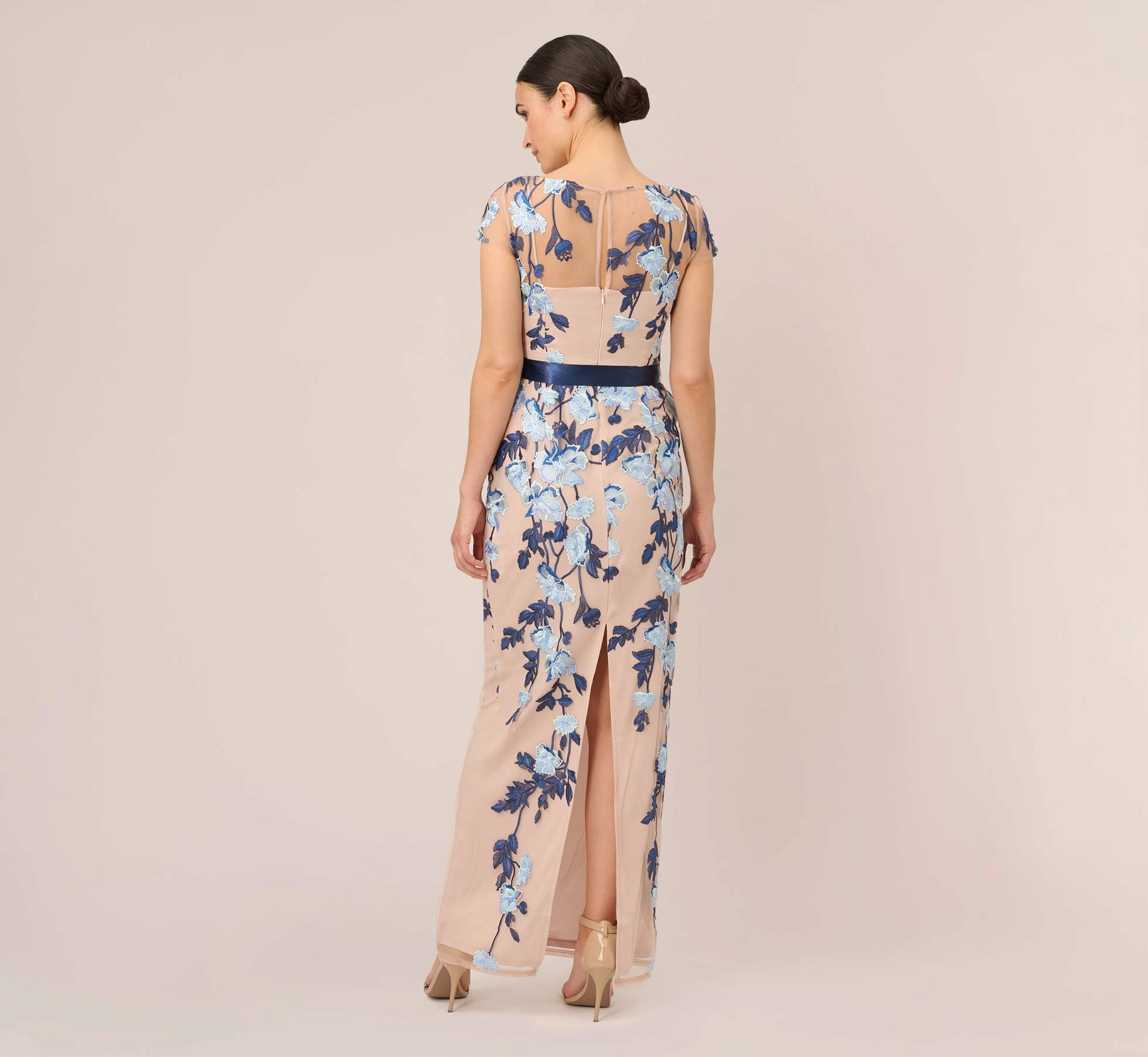 Adrianna Papell Short Sleeve Floral Embroidered Gown With Ribbon Tie Waist In Midnight Multi Nude 4 Adrianna Papell Short Sleeve Floral Embroidered Gown With Ribbon Tie Waist In Midnight Multi Nude - Image 4