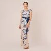 Adrianna Papell Short Sleeve Floral Embroidered Gown With Ribbon Tie Waist In Midnight Multi Nude