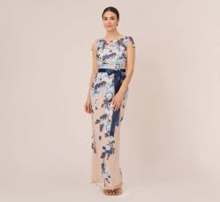 Adrianna Papell Short Sleeve Floral Embroidered Gown With Ribbon Tie Waist In Midnight Multi Nude