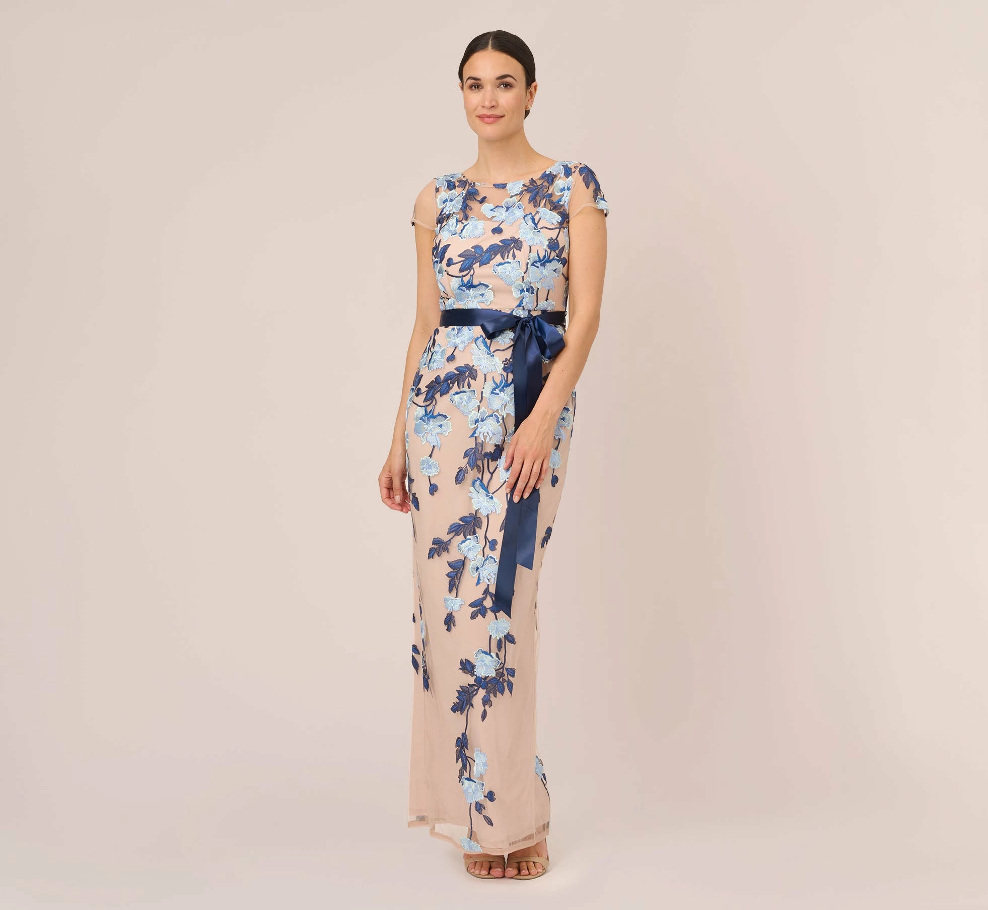 Adrianna Papell Short Sleeve Floral Embroidered Gown With Ribbon Tie Waist In Midnight Multi Nude 1 Adrianna Papell Short Sleeve Floral Embroidered Gown With Ribbon Tie Waist In Midnight Multi Nude
