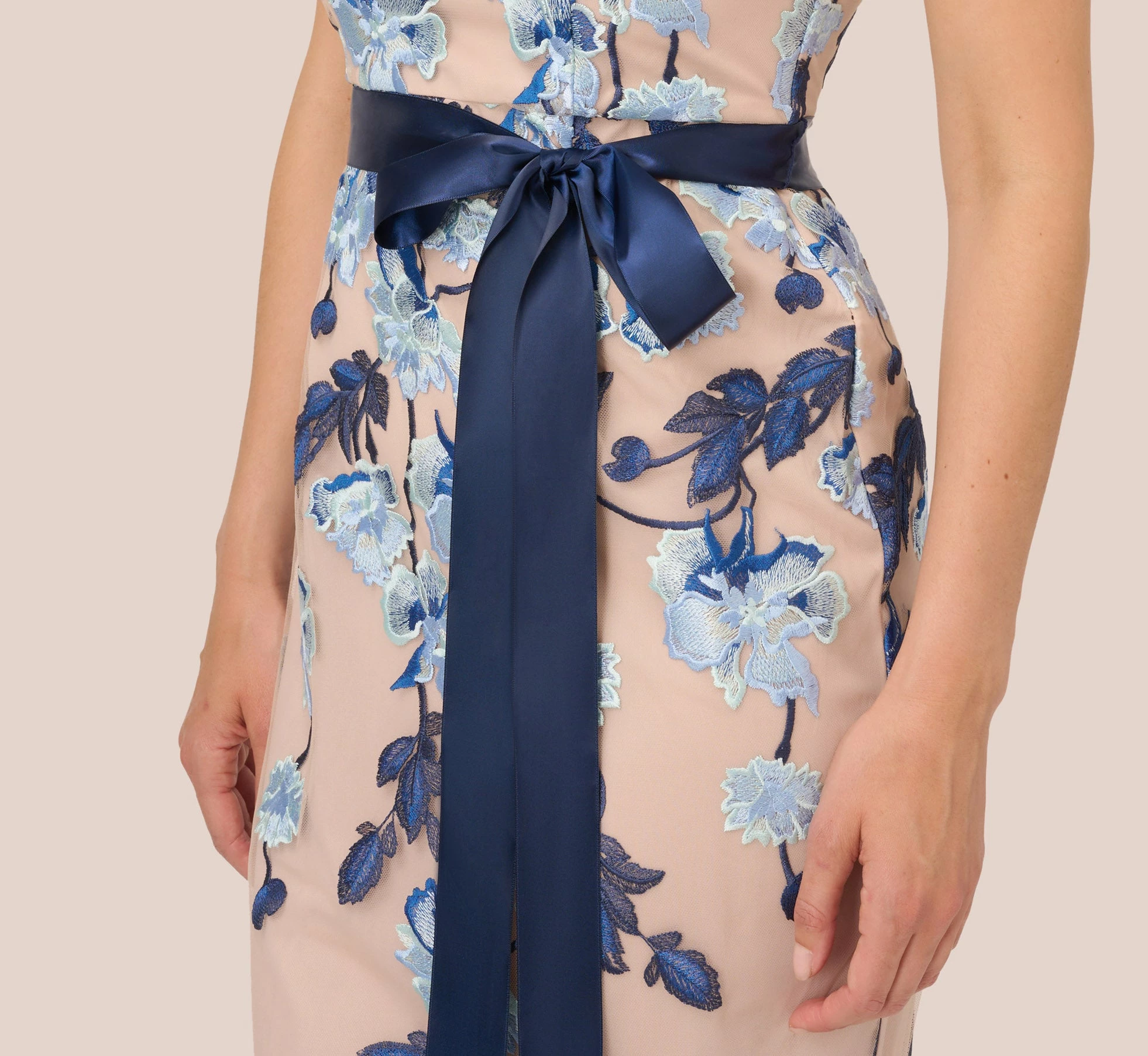 Adrianna Papell Short Sleeve Floral Embroidered Gown With Ribbon Tie Waist In Midnight Multi Nude 5 Adrianna Papell Short Sleeve Floral Embroidered Gown With Ribbon Tie Waist In Midnight Multi Nude - Image 5