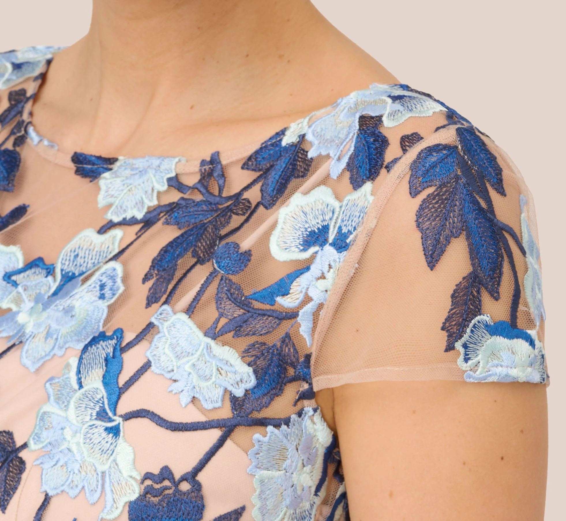 Adrianna Papell Short Sleeve Floral Embroidered Gown With Ribbon Tie Waist In Midnight Multi Nude 3 Adrianna Papell Short Sleeve Floral Embroidered Gown With Ribbon Tie Waist In Midnight Multi Nude - Image 3