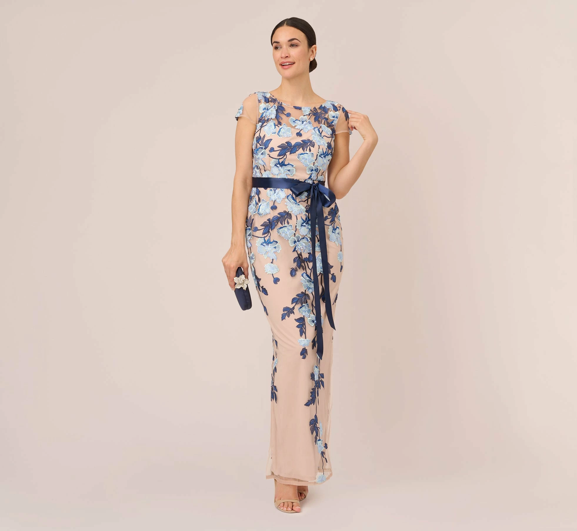 Adrianna Papell Short Sleeve Floral Embroidered Gown With Ribbon Tie Waist In Midnight Multi Nude 2 Adrianna Papell Short Sleeve Floral Embroidered Gown With Ribbon Tie Waist In Midnight Multi Nude - Image 2