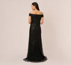 Adrianna Papell Off The Shoulder Sequin Beaded Gown In Black -Adrianna Papell Shop AP1E201971 AA002 Regular Back