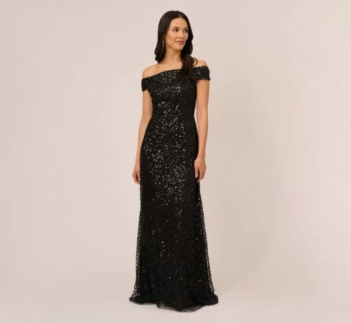 Adrianna Papell Off The Shoulder Sequin Beaded Gown In Black -Adrianna Papell Shop AP1E201971 AA002 Regular Default