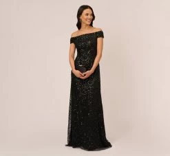 Adrianna Papell Off The Shoulder Sequin Beaded Gown In Black -Adrianna Papell Shop AP1E201971 AA002 Regular Side
