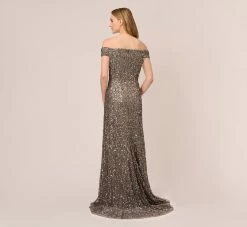 Adrianna Papell Off The Shoulder Sequin Beaded Gown In Lead -Adrianna Papell Shop AP1E201971 AB241 Regular Back