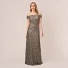 Adrianna Papell Off The Shoulder Sequin Beaded Gown In Lead