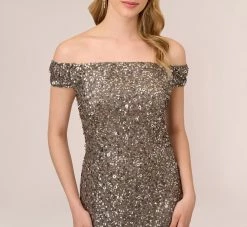 Adrianna Papell Off The Shoulder Sequin Beaded Gown In Lead -Adrianna Papell Shop AP1E201971 AB241 Regular Detail