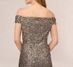 Adrianna Papell Off The Shoulder Sequin Beaded Gown In Lead -Adrianna Papell Shop AP1E201971 AB241 Regular Lifestyle