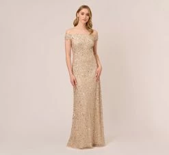 Adrianna Papell Off The Shoulder Sequin Beaded Gown In Champagne