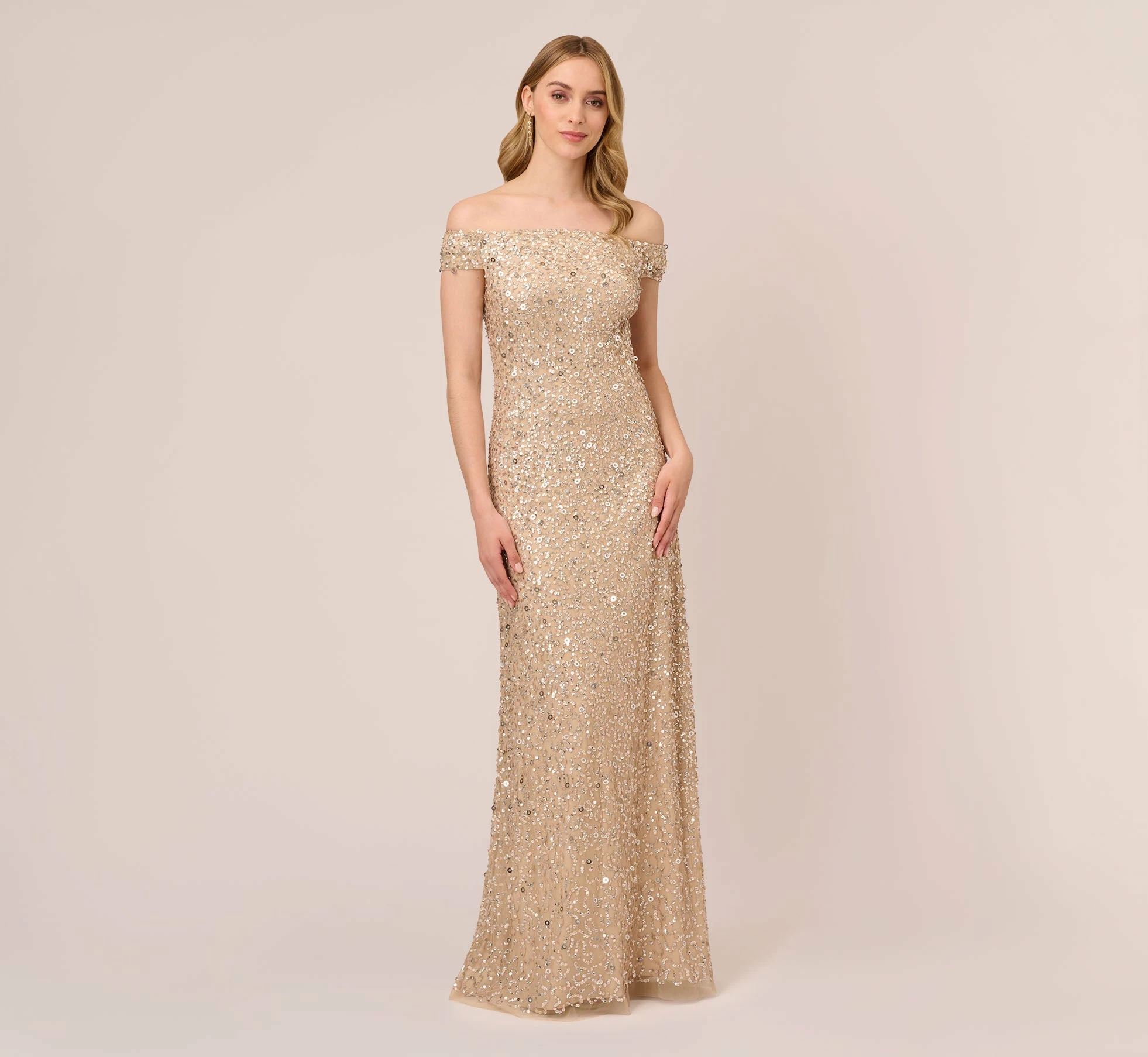 Adrianna Papell Off The Shoulder Sequin Beaded Gown In Champagne 1 Adrianna Papell Off The Shoulder Sequin Beaded Gown In Champagne