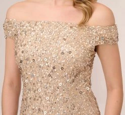 Adrianna Papell Off The Shoulder Sequin Beaded Gown In Champagne 9 Adrianna Papell Off The Shoulder Sequin Beaded Gown In Champagne -Adrianna Papell Shop AP1E201971 AB273 Regular Detail