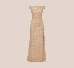 Adrianna Papell Off The Shoulder Sequin Beaded Gown In Champagne 13 Adrianna Papell Off The Shoulder Sequin Beaded Gown In Champagne -Adrianna Papell Shop AP1E201971 AB273 Regular Flat