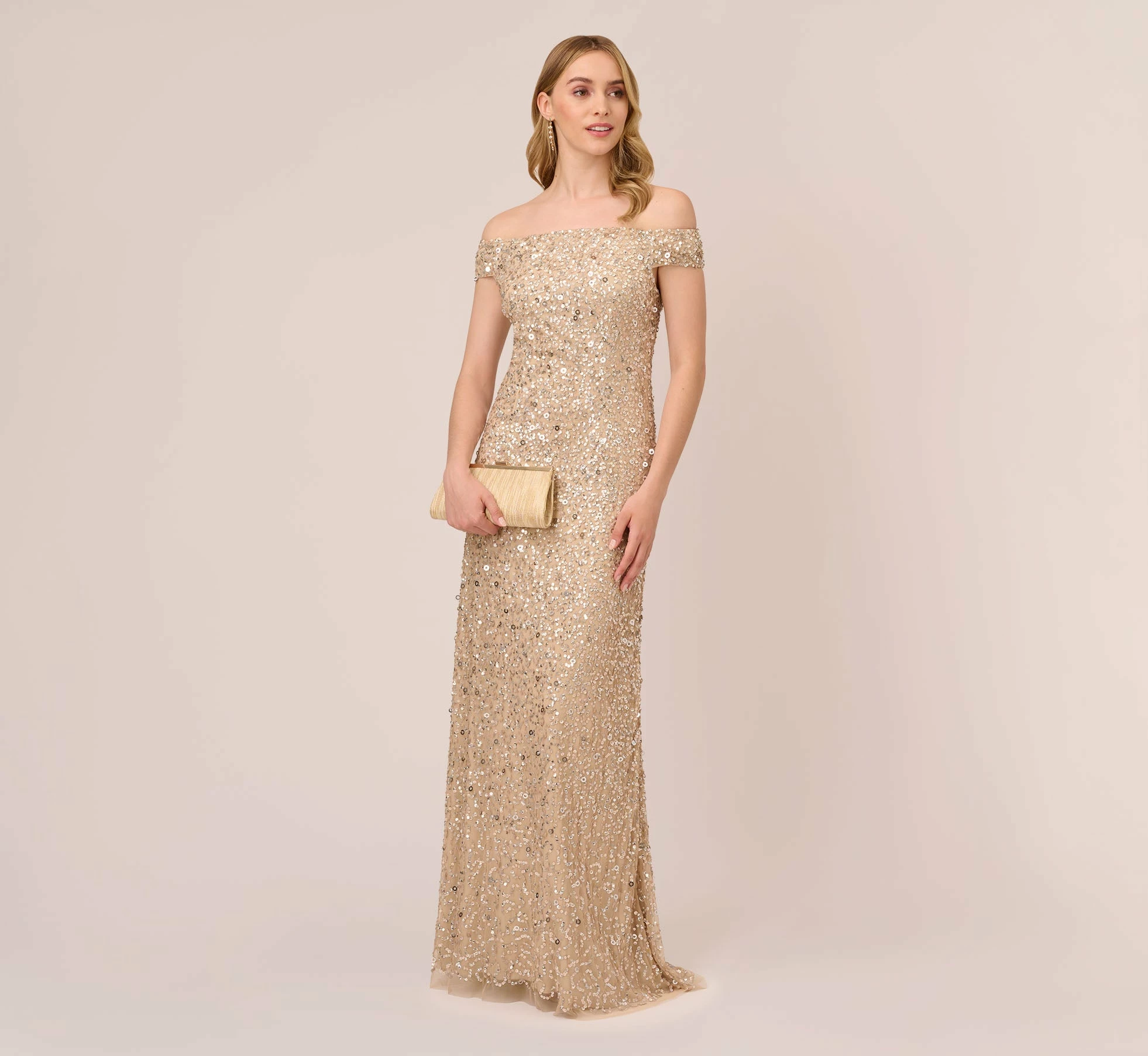 Adrianna Papell Off The Shoulder Sequin Beaded Gown In Champagne 2 Adrianna Papell Off The Shoulder Sequin Beaded Gown In Champagne - Image 2