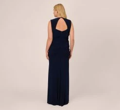 Adrianna Papell Plus Size Draped Jersey Gown With Open Back In Midnight -Adrianna Papell Shop AP1E202255 AB411 Plus Back