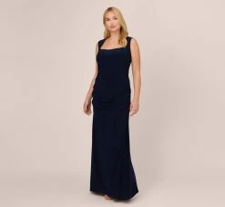 Adrianna Papell Plus Size Draped Jersey Gown With Open Back In Midnight