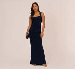 Adrianna Papell Draped Jersey Gown With Open Back In Midnight