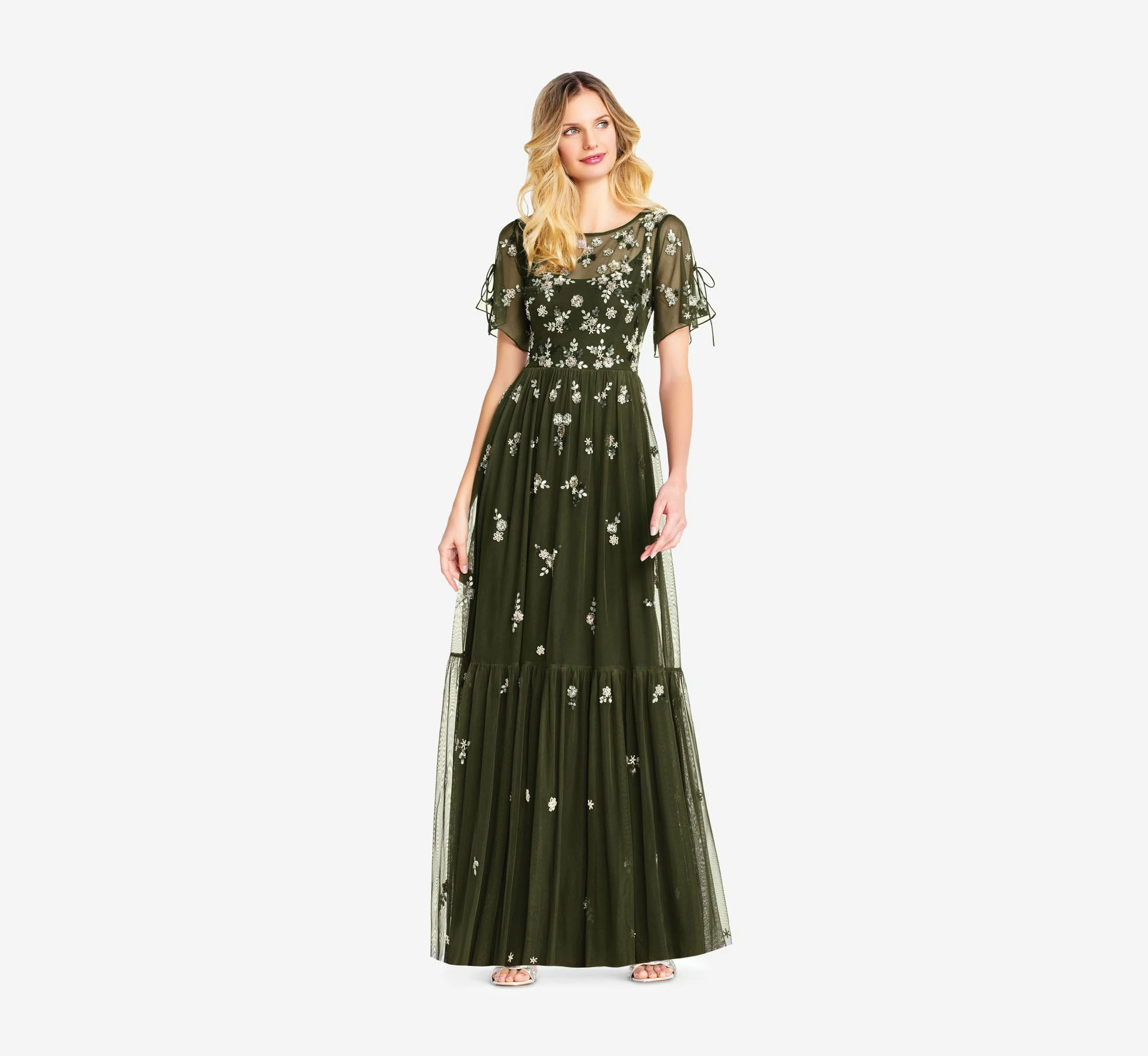 Adrianna Papell Floral Sequin Boho Gown With Lace Up Flutter Short Sleeves In Olive 3 Adrianna Papell Floral Sequin Boho Gown With Lace Up Flutter Short Sleeves In Olive - Image 3