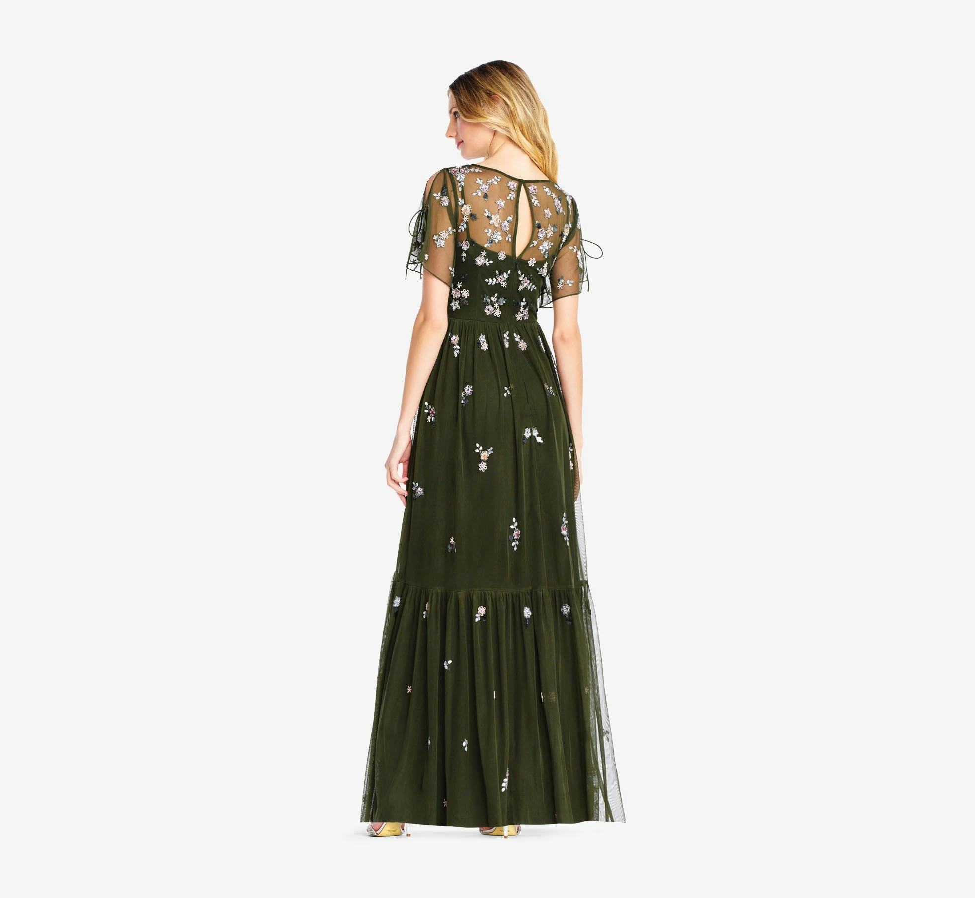 Adrianna Papell Floral Sequin Boho Gown With Lace Up Flutter Short Sleeves In Olive 2 Adrianna Papell Floral Sequin Boho Gown With Lace Up Flutter Short Sleeves In Olive - Image 2
